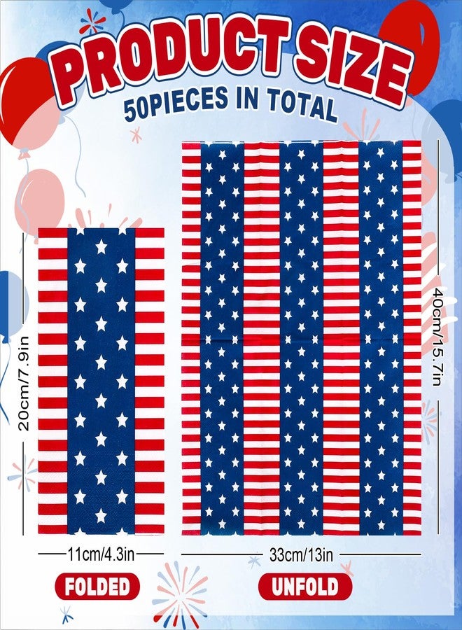 JarThenaAMCS مناديل جارثينا إيه إم سي إس، ٥٠ قطعة، مناديل ورقية حمراء وزرقاء مخططة بنجوم، للاستخدام مرة واحدة، مثالية لعشاء الرابع من يوليو، ولحمام الضيوف، ولحفلات عيد الاستقلال. - Image 2